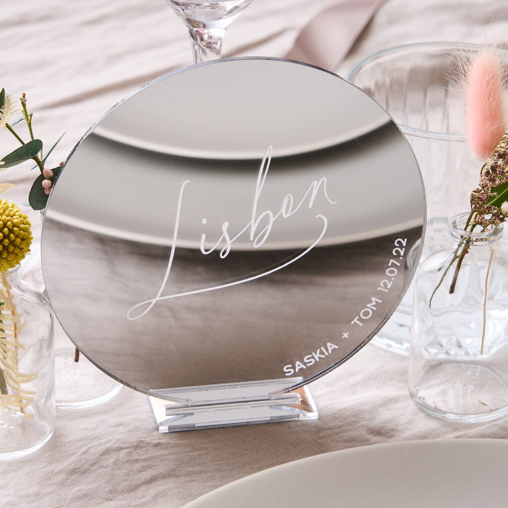 Personalised Silver Mirror Circle Wedding Table Name