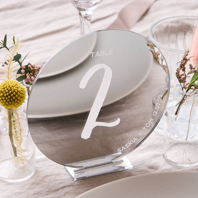 Personalised Silver Mirror Circle Wedding Table Number